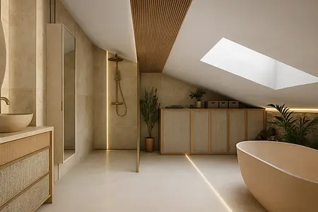 Wnętrze łazienki w stylu glamour z minimalistycznymi elementami oraz rustykalnymi akcentami.