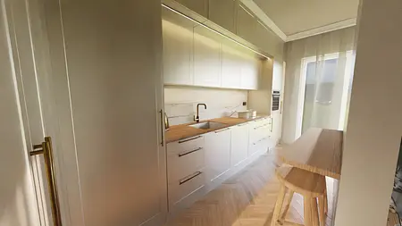 Wnętrze kuchni z białymi meblami i drewnianym blatem, styl współczesny