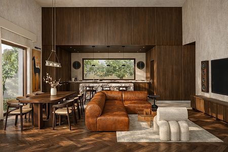 Wnętrze salonu z brązową sofą, drewnianym stołem, nowoczesny, vintage, współczesny