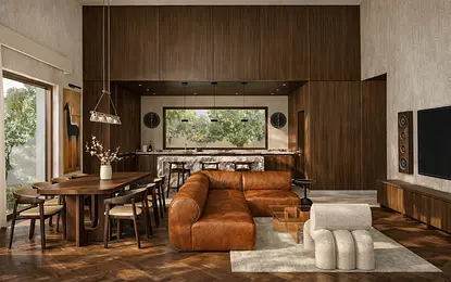 Wnętrze salonu z brązową sofą, drewnianym stołem, nowoczesny, vintage, współczesny