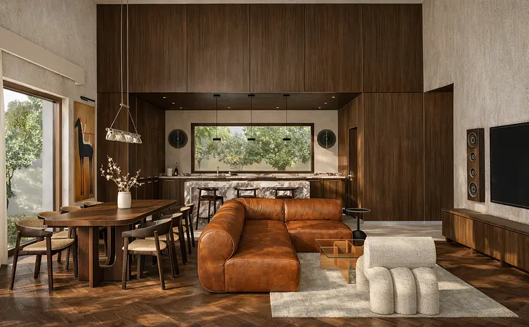 Wnętrze salonu z brązową sofą, drewnianym stołem, nowoczesny, vintage, współczesny