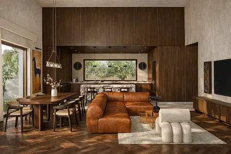 Wnętrze salonu z brązową sofą, drewnianym stołem, nowoczesny, vintage, współczesny