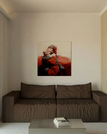 Wnętrze salonu z minimalistycznym wystrojem, brązową sofą i nowoczesnym obrazem na ścianie.
