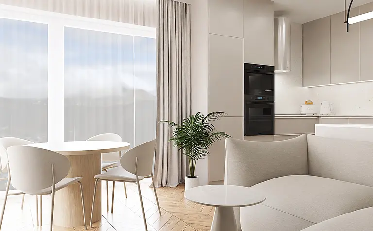 Wnętrze kuchni w stylu japandi, minimalistycznym i nowoczesnym z beżowymi meblami.