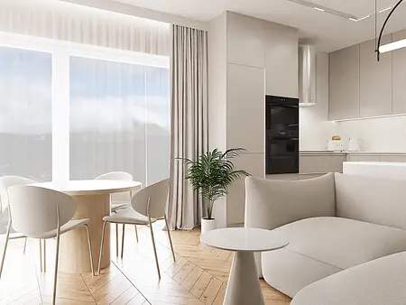 Wnętrze kuchni w stylu japandi, minimalistycznym i nowoczesnym z beżowymi meblami.