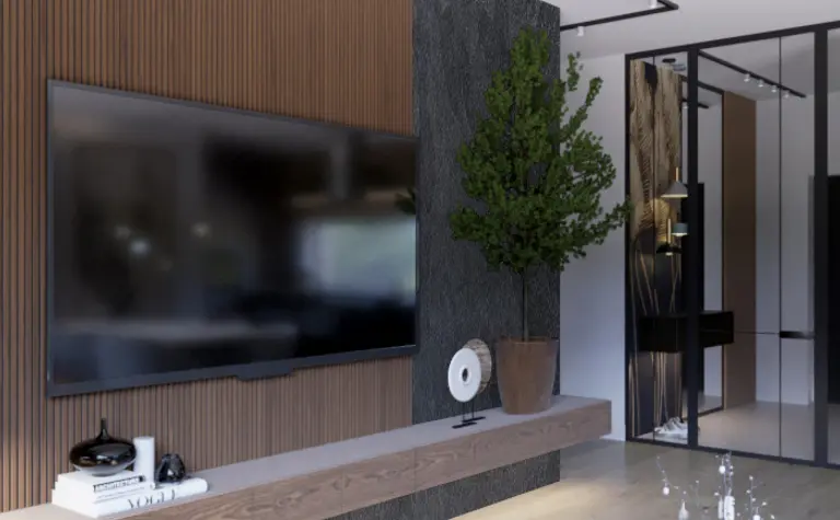 Nowoczesne wnętrze salonu z brązową ścianą, rośliną i eleganckim wystrojem.