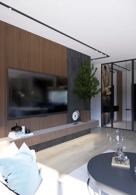 Nowoczesne wnętrze salonu z brązową ścianą, rośliną i eleganckim wystrojem.