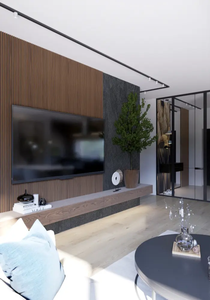 Nowoczesne wnętrze salonu z brązową ścianą, rośliną i eleganckim wystrojem.