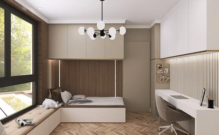 Wnętrze pokoju z białymi meblami, brązową podłogą, stylem glamour i nowoczesnym.