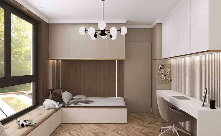 Wnętrze pokoju z białymi meblami, brązową podłogą, stylem glamour i nowoczesnym.