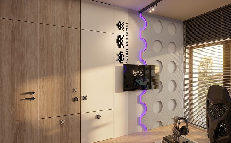 Pokój dla dzieci z drewnianą szafą, telewizorem i minimalistycznymi akcentami.