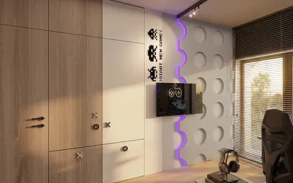 Pokój dla dzieci z drewnianą szafą, telewizorem i minimalistycznymi akcentami.