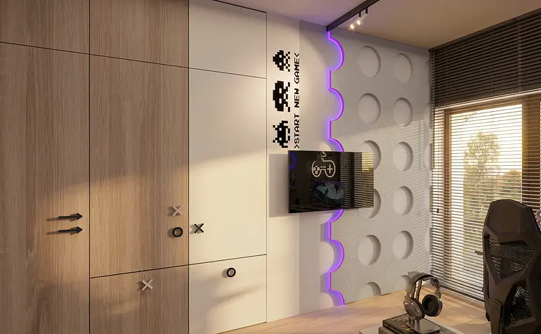 Pokój dla dzieci z drewnianą szafą, telewizorem i minimalistycznymi akcentami.