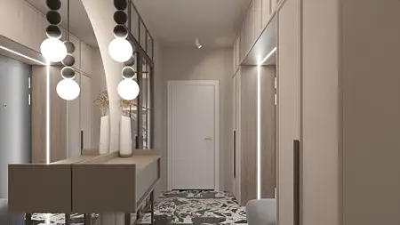 Przedpokój zaprojektowany w stylu japandi, minimalistycznym, nowoczesnym z jasnymi meblami.