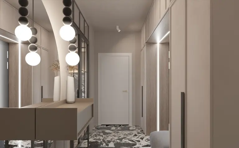 Przedpokój zaprojektowany w stylu japandi, minimalistycznym, nowoczesnym z jasnymi meblami.