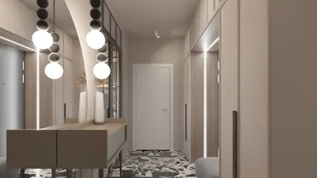 Przedpokój zaprojektowany w stylu japandi, minimalistycznym, nowoczesnym z jasnymi meblami.