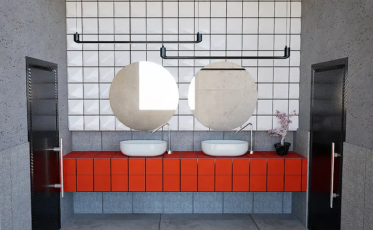 Nowoczesna łazienka z białymi umywalkami, czerwoną zabudową i minimalistycznymi lustrami.
