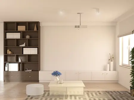 Nowoczesne wnętrze salonu z minimalistycznym designem, białymi meblami i drewnianymi akcentami.