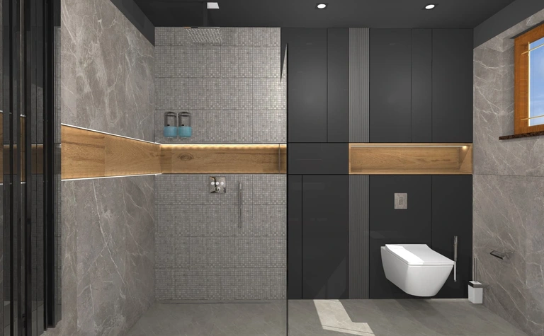 Wnętrze łazienki w stylu dopamine decor i minimalistycznym z szarymi i czarnymi akcentami.