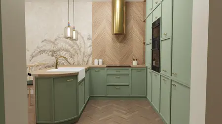 Wnętrze kuchni z zielonymi meblami i drewnianą podłogą, styl nowoczesny i vintage.