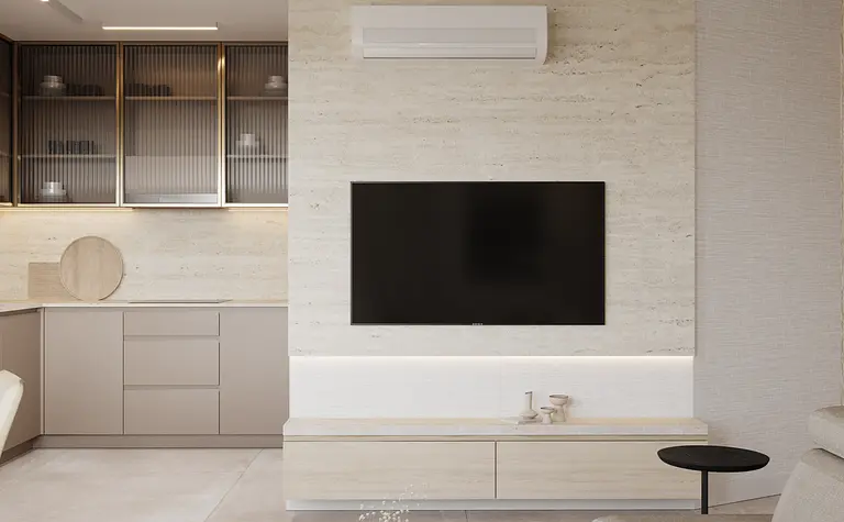 Nowoczesne wnętrze w stylu japandi z minimalistycznym wyposażeniem, jasnymi meblami.