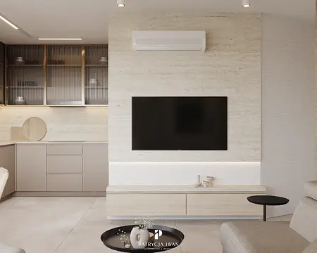 Nowoczesne wnętrze w stylu japandi z minimalistycznym wyposażeniem, jasnymi meblami.