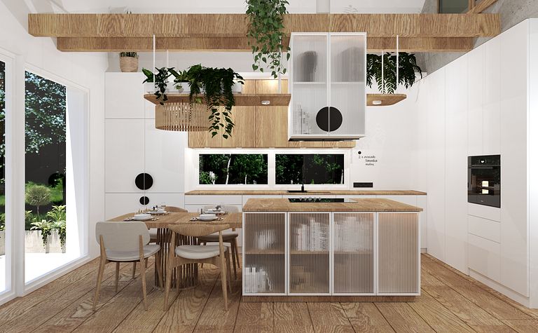 Nowoczesna kuchnia z drewnianymi elementami i zielonymi roślinami w minimalistycznym stylu.