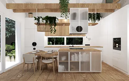 Nowoczesna kuchnia z drewnianymi elementami i zielonymi roślinami w minimalistycznym stylu.