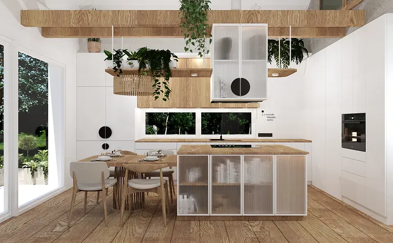 Nowoczesna kuchnia z drewnianymi elementami i zielonymi roślinami w minimalistycznym stylu.