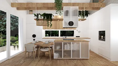 Nowoczesna kuchnia z drewnianymi elementami i zielonymi roślinami w minimalistycznym stylu.