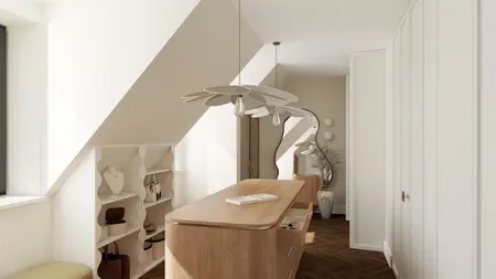 Wnętrze w stylu art deco i soft minimalizm z drewnianym biurkiem
