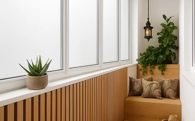 Balkon w stylu industrialnym z drewnianymi elementami i roślinami.