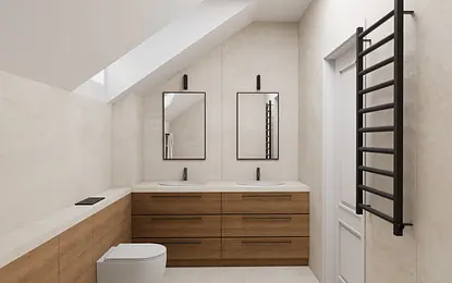 Nowoczesna łazienka w stylu japandi z drewnem i minimalistycznymi detalami