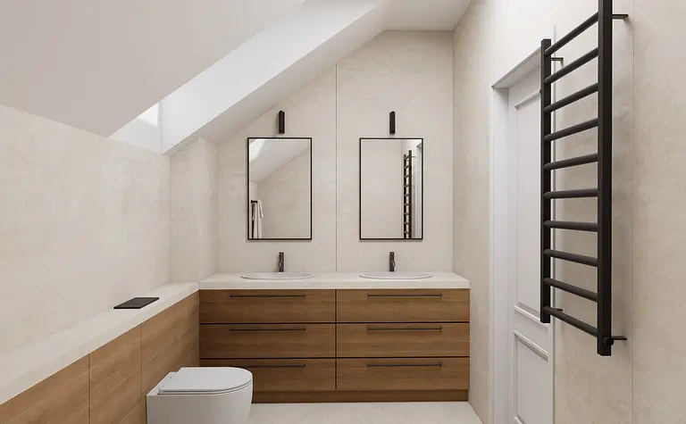 Nowoczesna łazienka w stylu japandi z drewnem i minimalistycznymi detalami