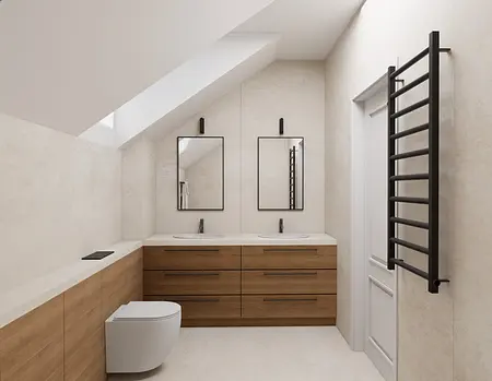 Nowoczesna łazienka w stylu japandi z drewnem i minimalistycznymi detalami