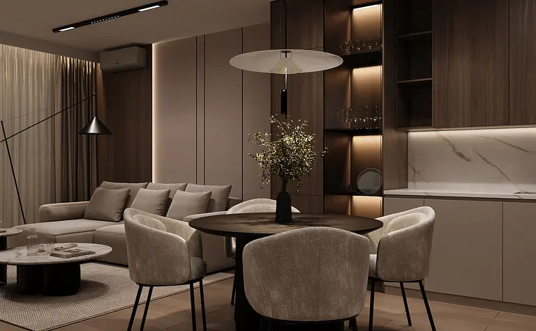 Nowoczesne wnętrze z minimalistycznym wystrojem, sofa i stół jadalny.