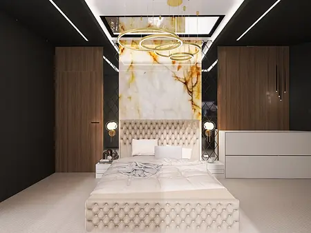 Nowoczesna sypialnia z beżowym łóżkiem, drewnianymi meblami i złotymi detalami w stylu glamour.