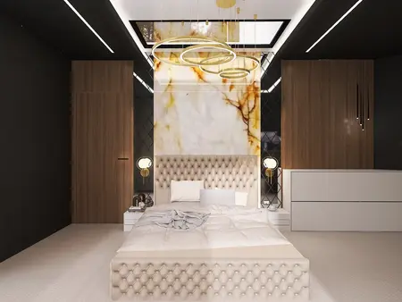 Nowoczesna sypialnia z beżowym łóżkiem, drewnianymi meblami i złotymi detalami w stylu glamour.