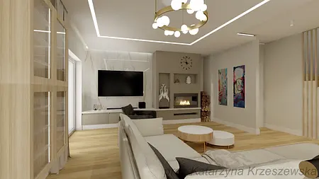 Wnętrze salonu z jasnymi meblami, telewizorem i kominkiem
