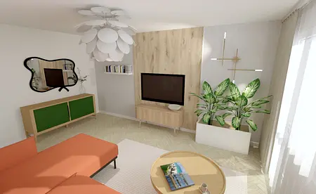 Wnętrze współczesnego salonu z pomarańczową sofą, zielonymi roślinami i drewnianymi meblami.