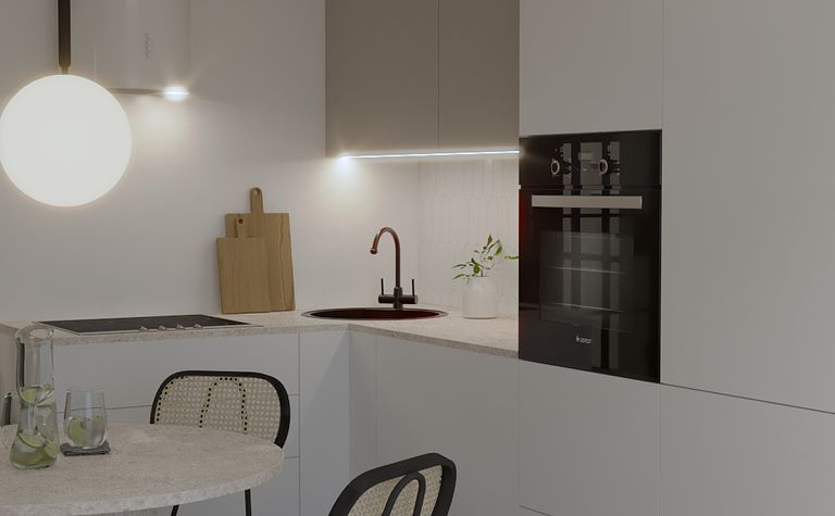 Mała, minimalistyczna kuchnia.