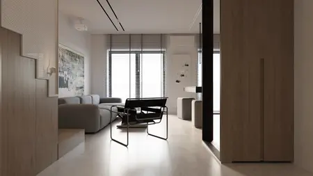 Eklektyczne i minimalistyczne wnętrze salonu z szarym narożnikiem i drewnianymi detalami.
