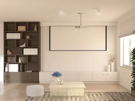 Minimalistyczny salon z nowoczesnymi meblami i tradycyjnymi akcentami.
