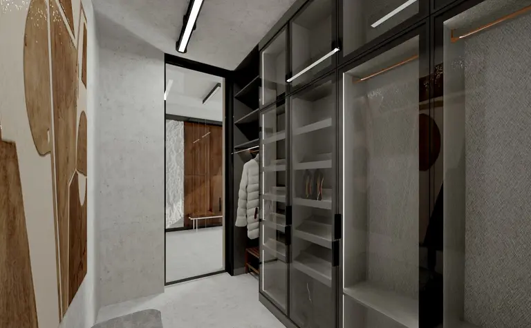 Garderoba minimalistyczna z szklanymi drzwiami i drewnianymi detalami