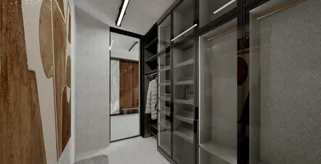 Garderoba minimalistyczna z szklanymi drzwiami i drewnianymi detalami