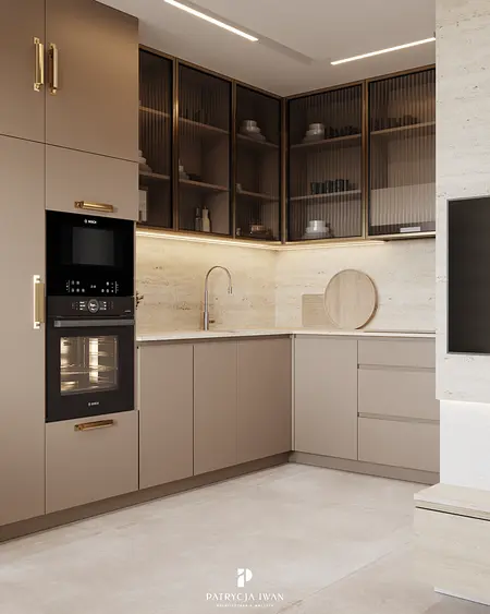 Kuchnia w stylu japandi i minimalistycznym z brązowymi meblami i nowoczesnymi akcesoriami.