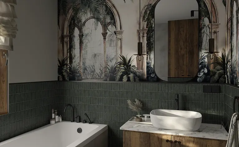 Wnętrze łazienki w stylu art deco i boho z zielonymi płytkami i drewnianymi elementami.