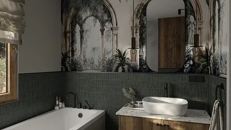 Wnętrze łazienki w stylu art deco i boho z zielonymi płytkami i drewnianymi elementami.