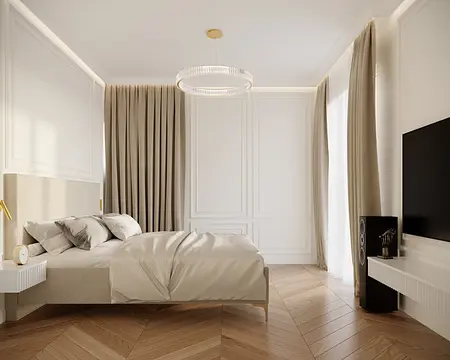 Sypialnia z beżowymi zasłonami i drewnianą podłogą, styl quiet luxury.