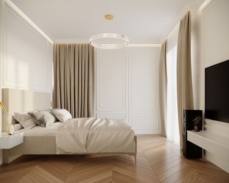 Sypialnia z beżowymi zasłonami i drewnianą podłogą, styl quiet luxury.